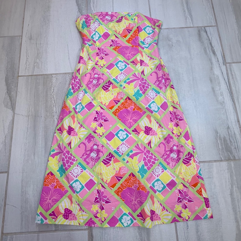 Vintage Lilly Pulitzer Tropical Patchwork Strapless Bow Back Dress 6